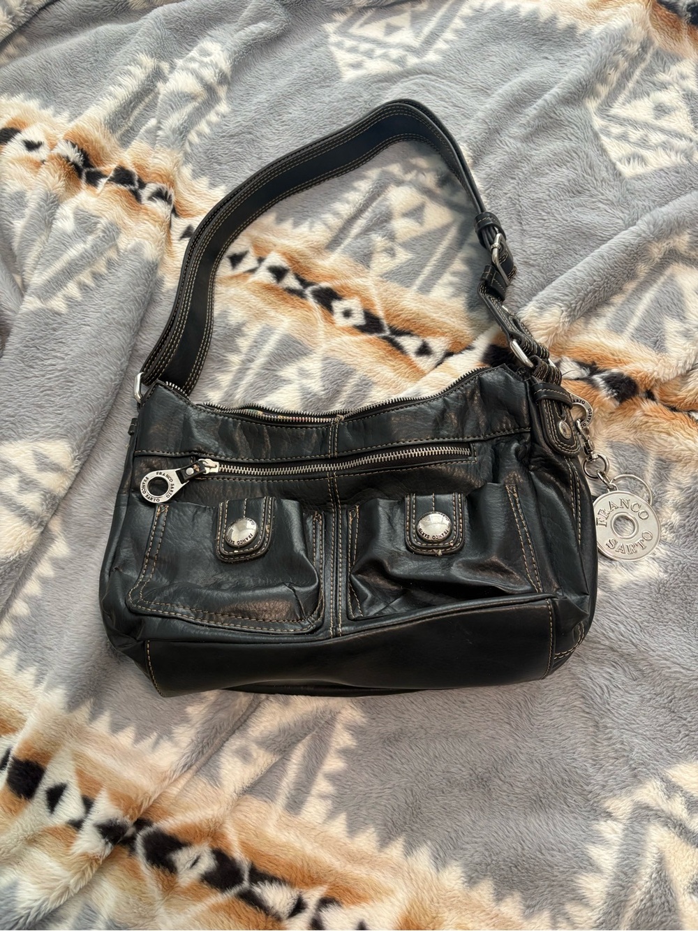 Franco Sarto Black Leather Shoulder Bag with Front Pockets